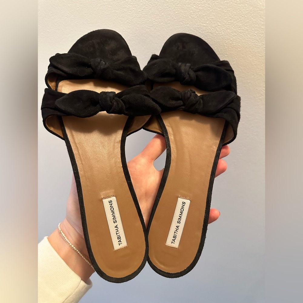 Tabitha Simmons suede leather slides.